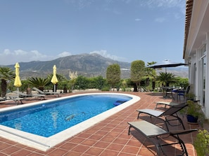 The Pool. 8 x 4 m, 1,20 to 1,70 deep. 6 sunbeds on the terrace.