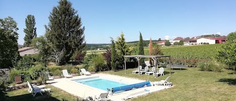 vue d'ensemble de la piscine, solarium, au milieu des vignobles