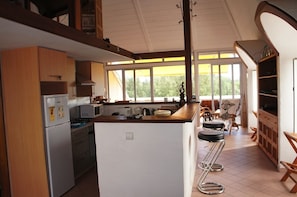 View of the open plan kitchen from the living room