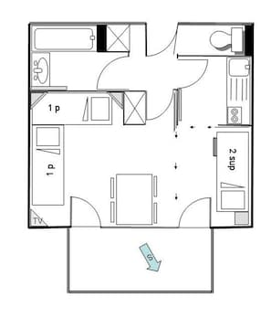 Le plan du studio avec WC séparés, la cloison divisible et le balcon sud-ouest