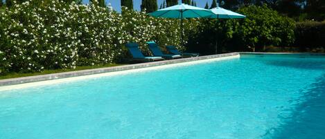 La piscine, les bains de soleil et parasols individuels.