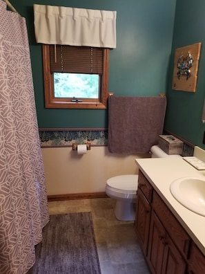 Bathroom with single sink vanity, tub/shower, toilet, closet.

