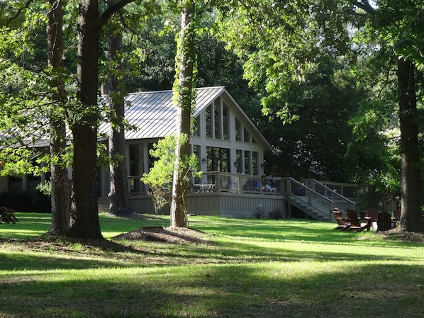 Main Lodge's back deck and fire pit