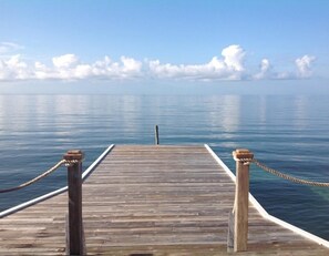 View from the porch. Under the dock you snorkel with many kinds of fish.
