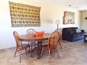 Dining room table can seat up to 8 people. 