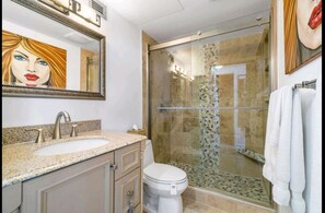 Beautiful Bathroom W/ Sliding Glass Doors Travertine Shower, Granite Top Vanity