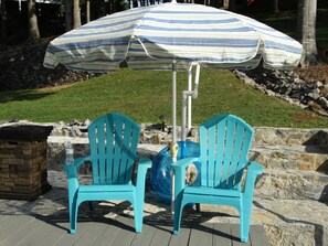 Dock with umbrella and chairs for your use 