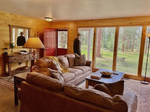 Living room looking out into the woods. 