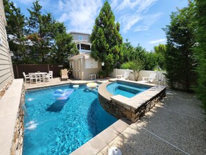 Pool & Raised Hot Tub with 3 Waterfalls, Stone Walls and Limestone Pool Copings!