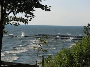 Looking north from the cottage. You can see the piers leading to Pigeon Lake.