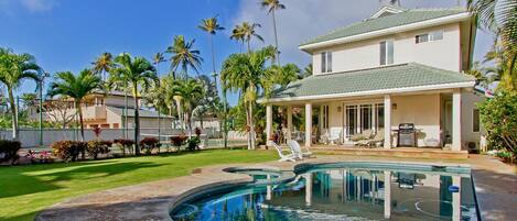 morning sun on pool and beach side of house