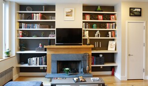 Living room with ten-foot ceilings.
