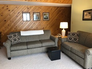 Cozy Living Room facing TV, front yard, dock