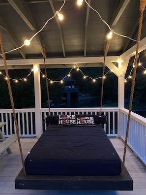 SWING BED on dock; Best place to sleep…natural water sound machine included:)