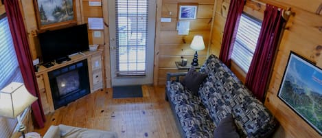 Interior of Off The Map cabin - view from the sleeping loft (2022)