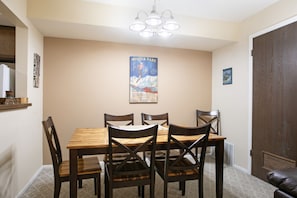 Dining area for up to 6. Includes a high chair for the little ones.