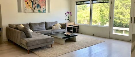 Sun streams in from the windows;  TV rises from walnut cabinet