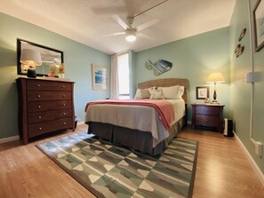 Calming colors, original Maui art, queen-size comfy bed. Blackout curtain.