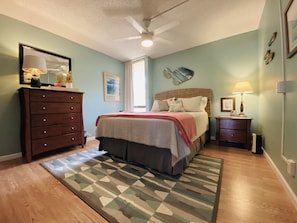 Calming colors, original Maui art, queen-size comfy bed. Blackout curtain.