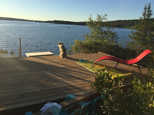 The yoga/suntanning platform deck overlooks the lake