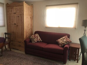 New sleeper sofa and custom cabinet with closet and drawers for extra storage