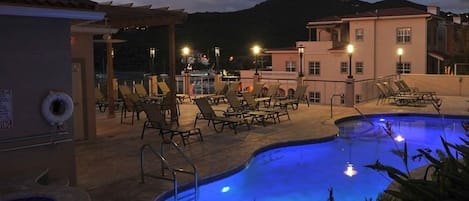 Pool Deck and Jacuzzi at night