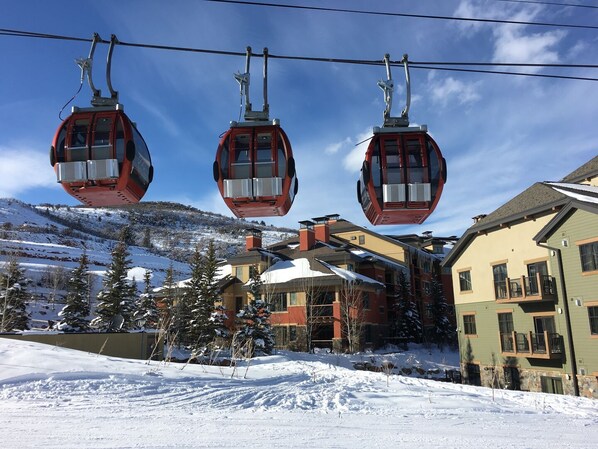 Property in the background, gondola and slope in the foreground