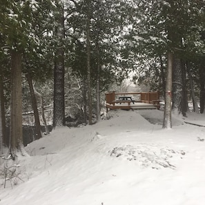 Wintery deck overlooking the river. 