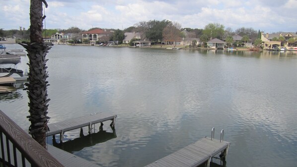 Great views from the decks showing day docks and the lake.