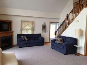 comfy great room with cable TV and gas fire place