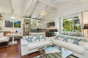 Open living area with vaulted ceilings and solar split system air conditioning