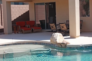 Outside Living, Lounge Chairs and Table with six Chairs.