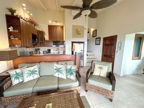Your living room area includes a pullout sofa with memory foam mattress