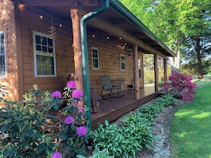 Enhanced by the soft glow of patio lights.