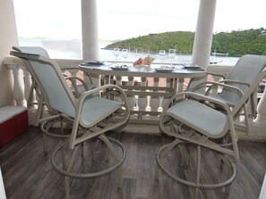 Beautiful views on full-sized porch overlooking Cruz Bay seats four