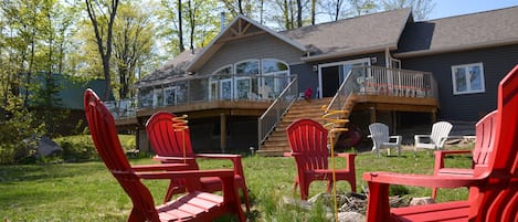 Large upper deck with table, chairs, sofa; lots of space to spread out.