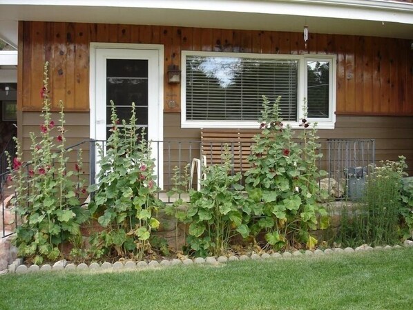 Front of cabin in the summer.