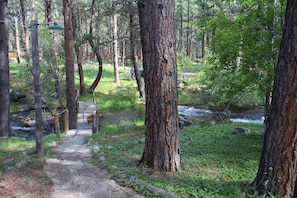 Path from parking to the cabin, bridge crossing the creek.