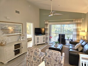 Vaulted ceilings are complemented by breezy coastal decor.