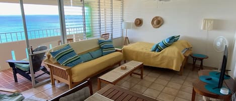 Common area with bed, futon couch, and television