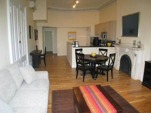 from the living area torwards the dining area and kitchen.