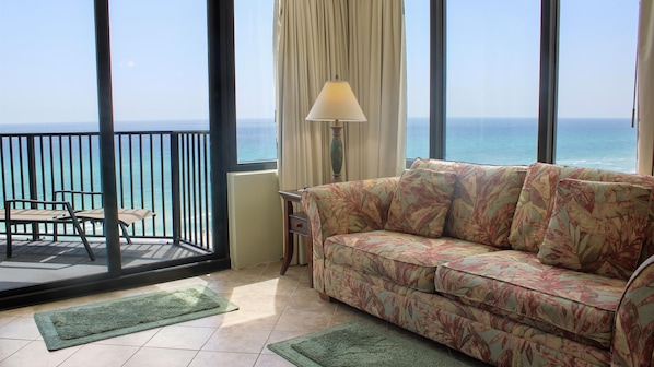 Blue skies and emerald waters from every window