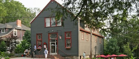 Front of building, apt is upstairs at rear dormers on right