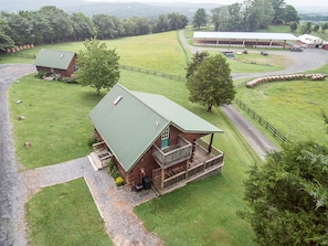 Our two log cabins are the same size. Lots of room to run and play. Dog friendly