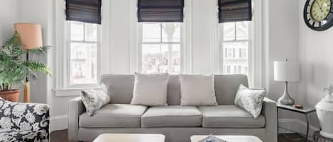 Light-filled bay windows in living room