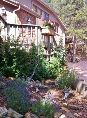 The hummingbirds love the flowers surrounding this Colorado-style house.