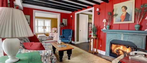 Tannery Brook Cottage Living Room with Fireplace and Media Room in the Distance