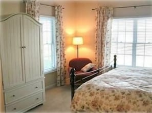 Bedroom with king size bed and view of Mackinac Bridge and Mackinac Island