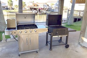 Charcoal grill and 6 burner propane grill (propane included)