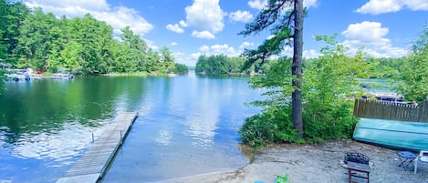 Lake front view. Property includes chairs, fire pit, and 30 foot dock. 